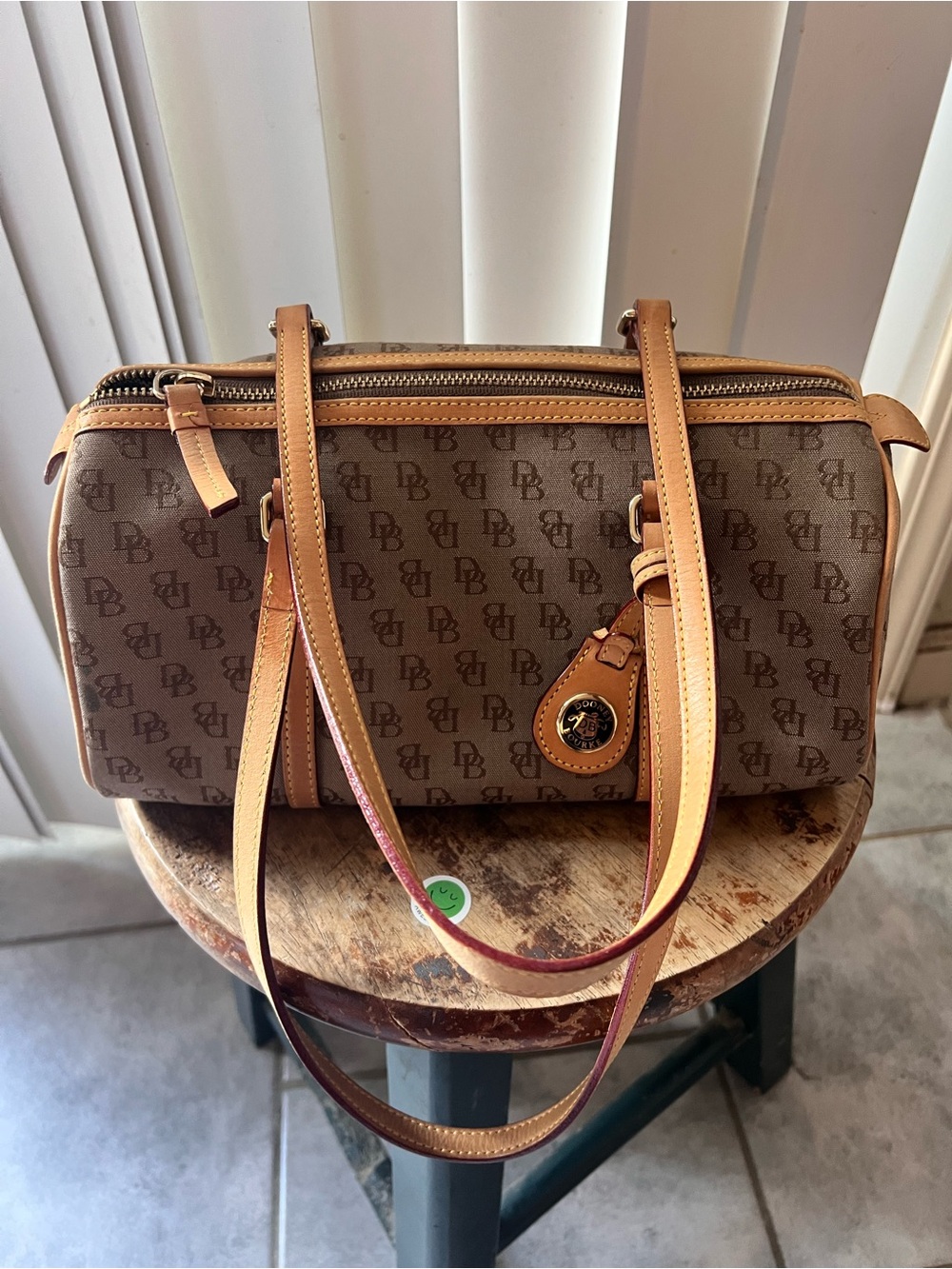 Dooney & Bourke Brown Logo Satchel with Tan Leather Trim